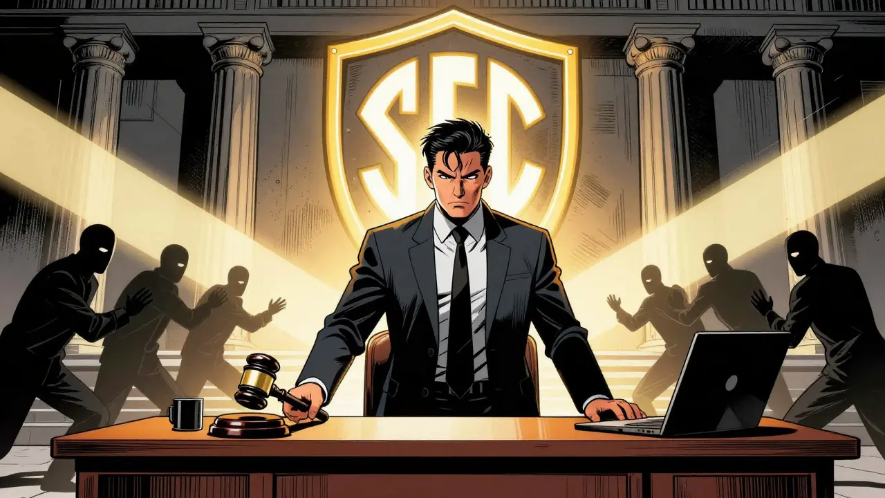 Vintage comic art of an SEC official protecting investors with a glowing shield