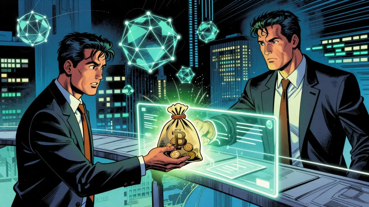 Vintage comic art of investor handing crypto to trader via smart contract