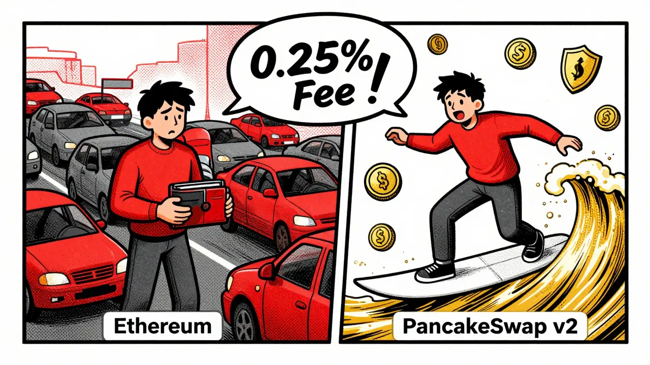 Vintage comic comparing expensive Ethereum trades to cheap PancakeSwap swaps
