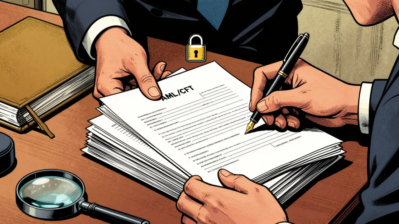 Vintage comic illustration of a compliance officer reviewing detailed financial documents