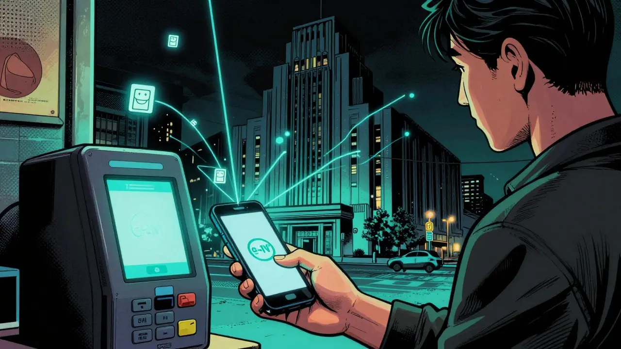 Vintage comic showing citizen using digital yuan under surveillance