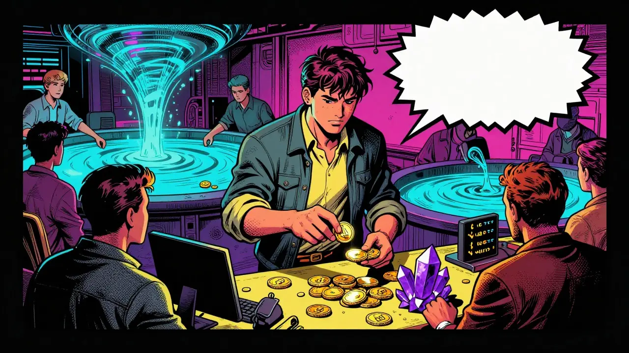 Vintage comic style trader swapping stablecoins for wIOTA at a digital exchange booth.