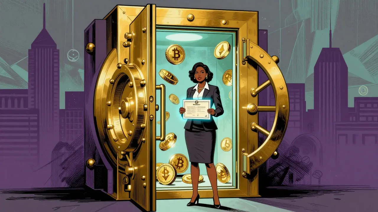 Woman standing before secure crypto vault with license in comic art
