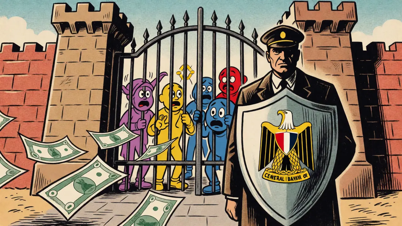 A Central Bank guard blocking cartoon crypto exchanges behind a fortress gate while money flies away.