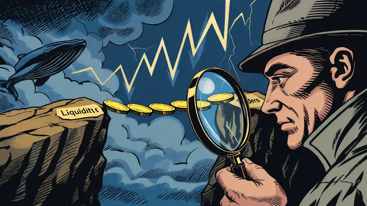 A detective inspecting a fragile coin bridge over a slippage abyss.