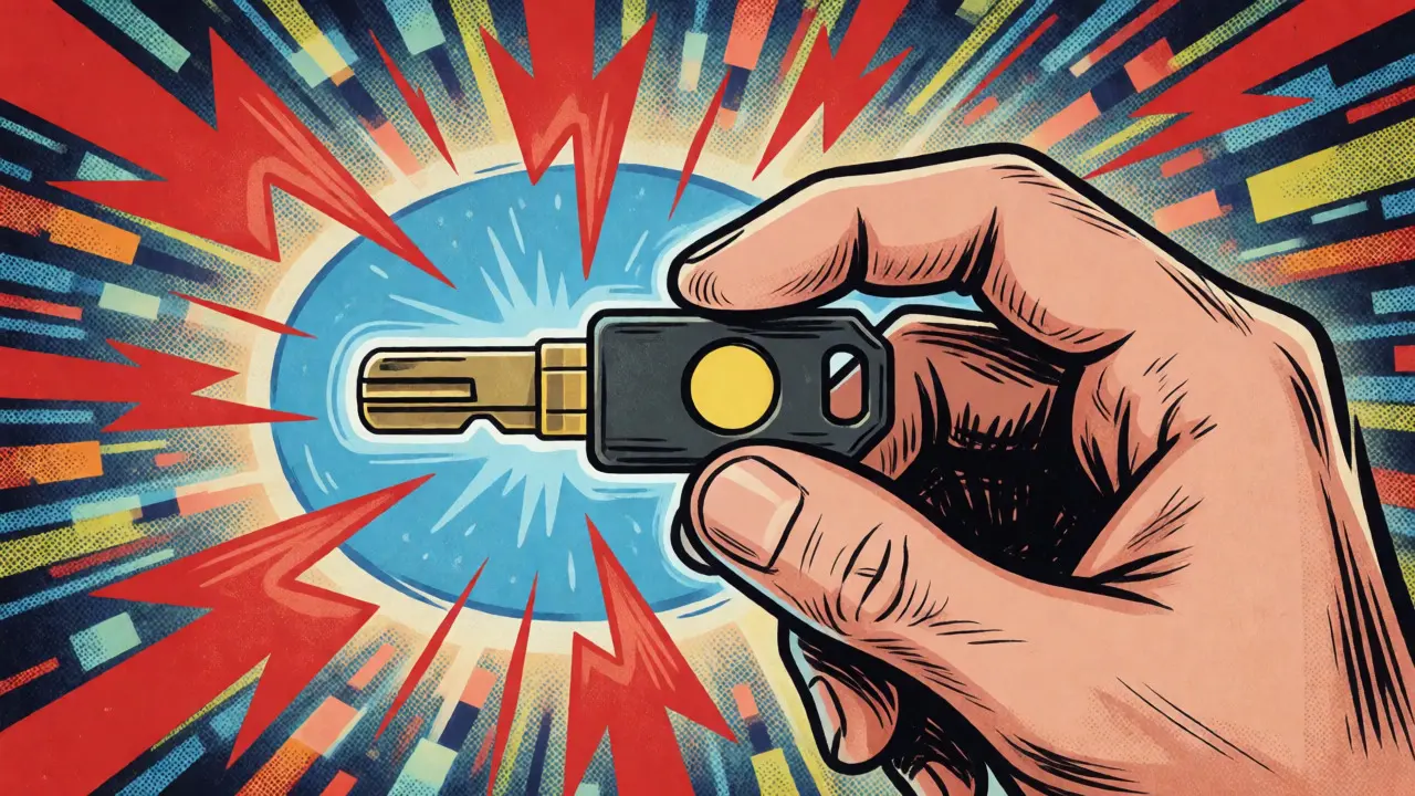 A hand holding a hardware security key blocking red lightning bolts in retro comic art.