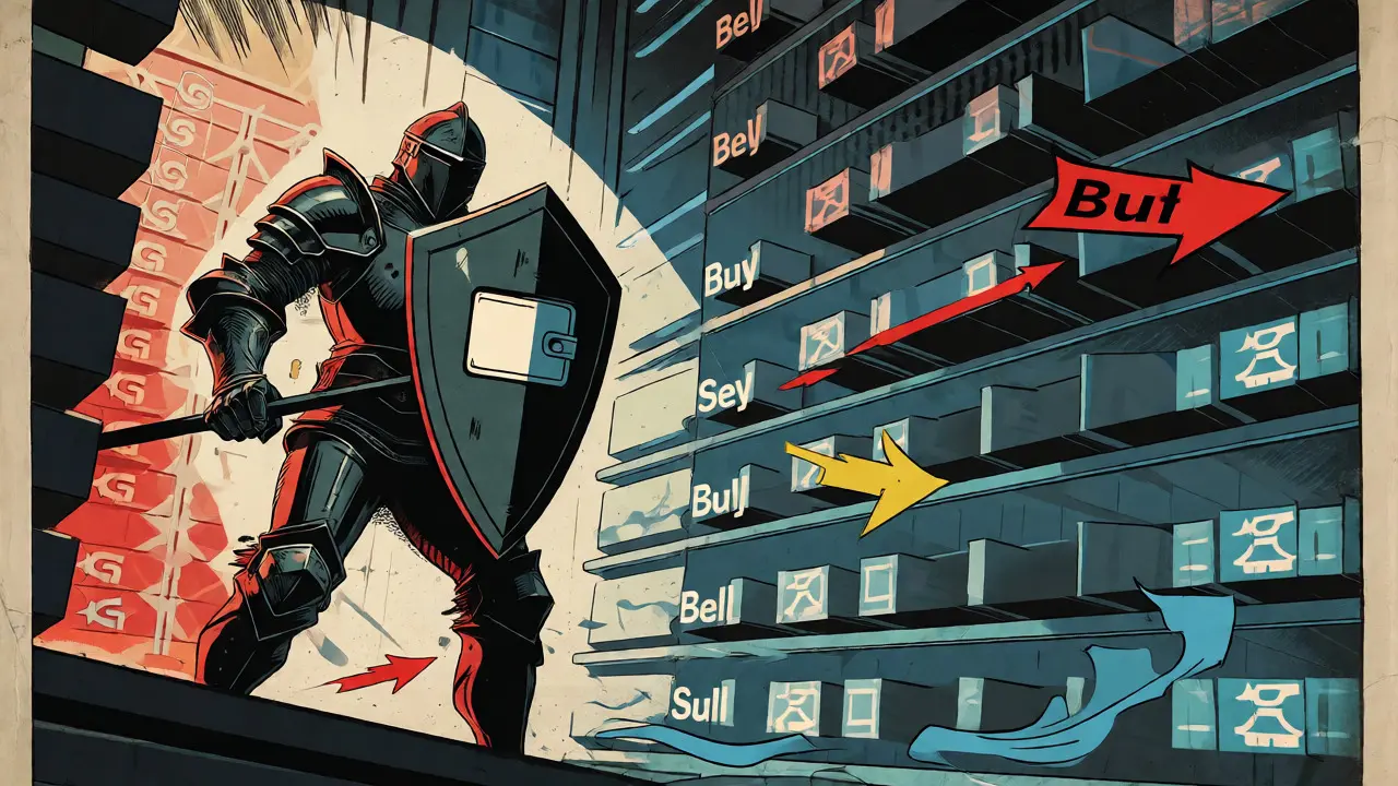 A knight defending an on-chain order book from flying buy and sell orders.
