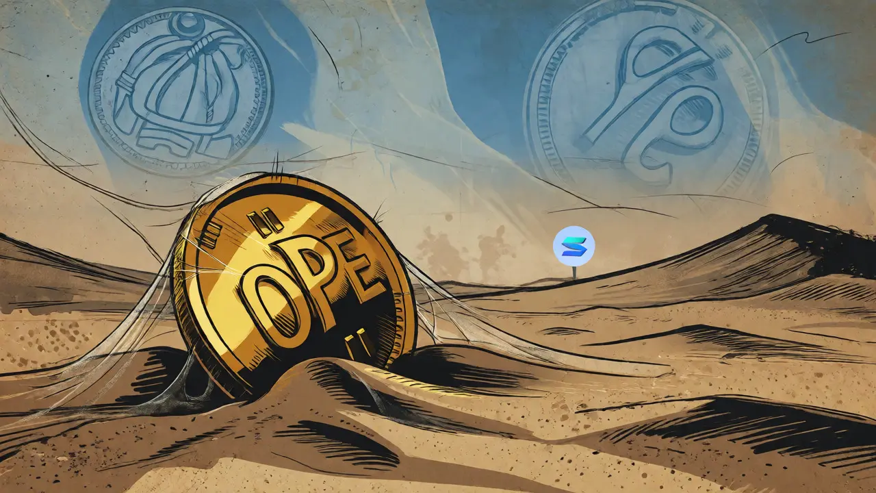 Abandoned golden coin in a dusty landscape with fading Vatican imagery