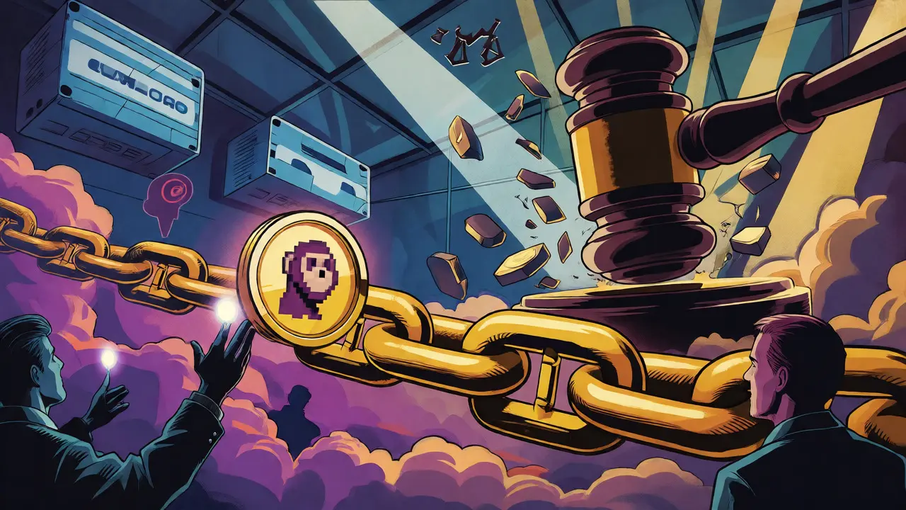 Blockchain chain linking users while legal gavel breaks barriers.