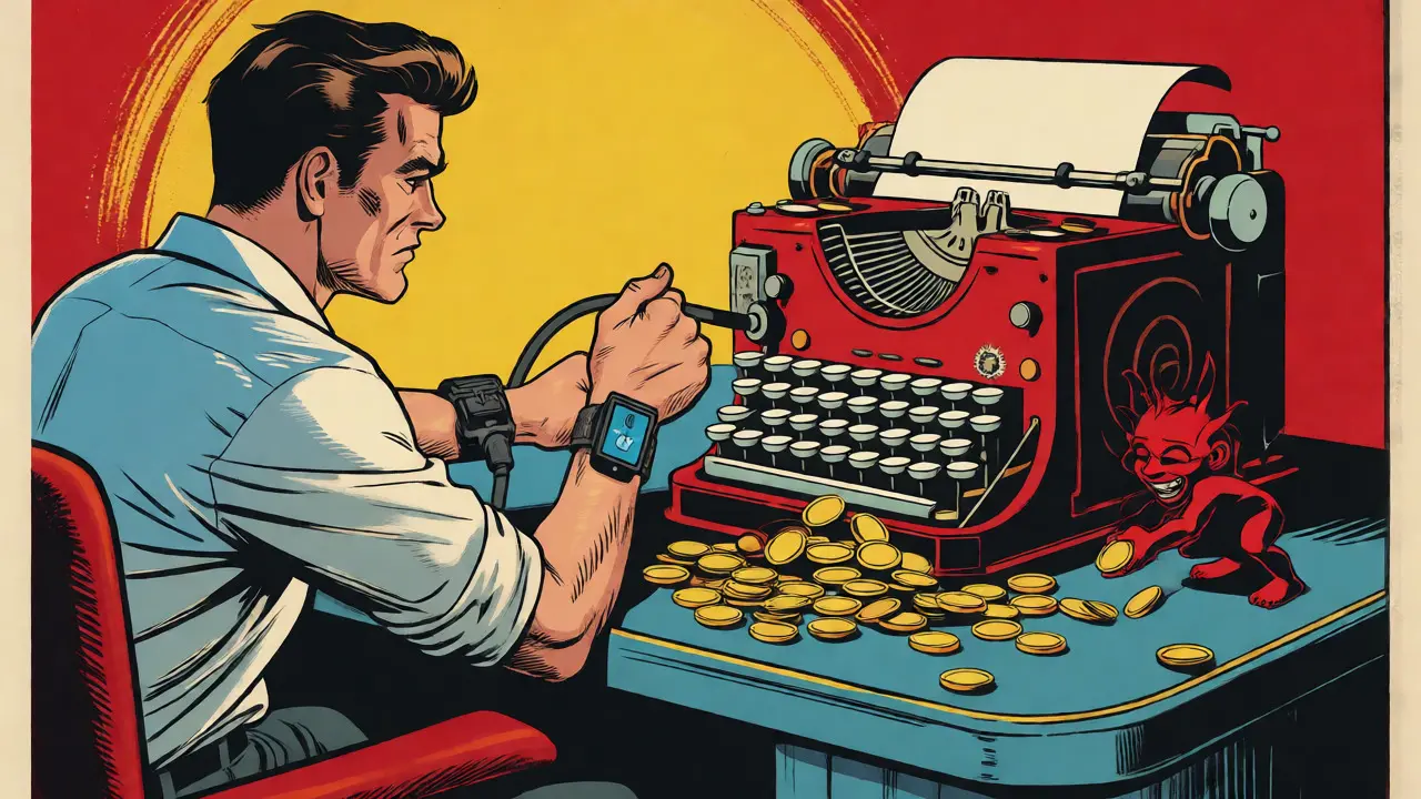 Character connecting a wallet to a machine to claim coins while fighting gas fee imps.