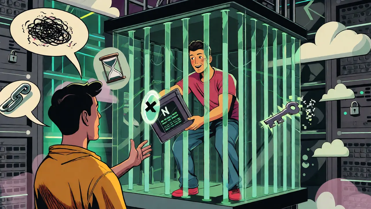 Character trapped in DRM cage unable to share digital media.