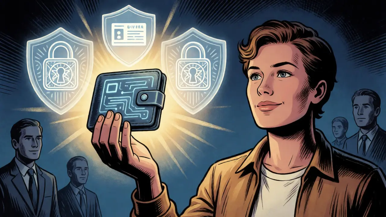 Comic art of a hero holding a glowing digital wallet protecting personal credentials.