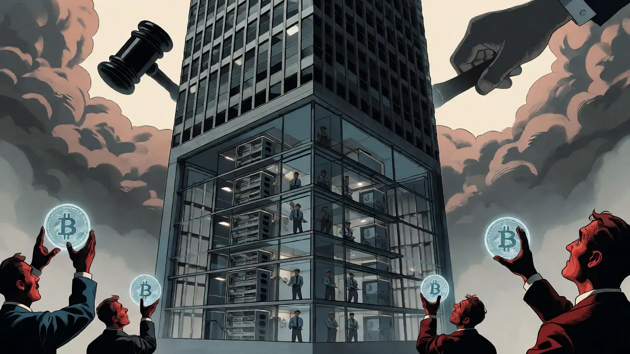 Comic illustration of a giant corporate tower guarding digital assets while users wait outside.