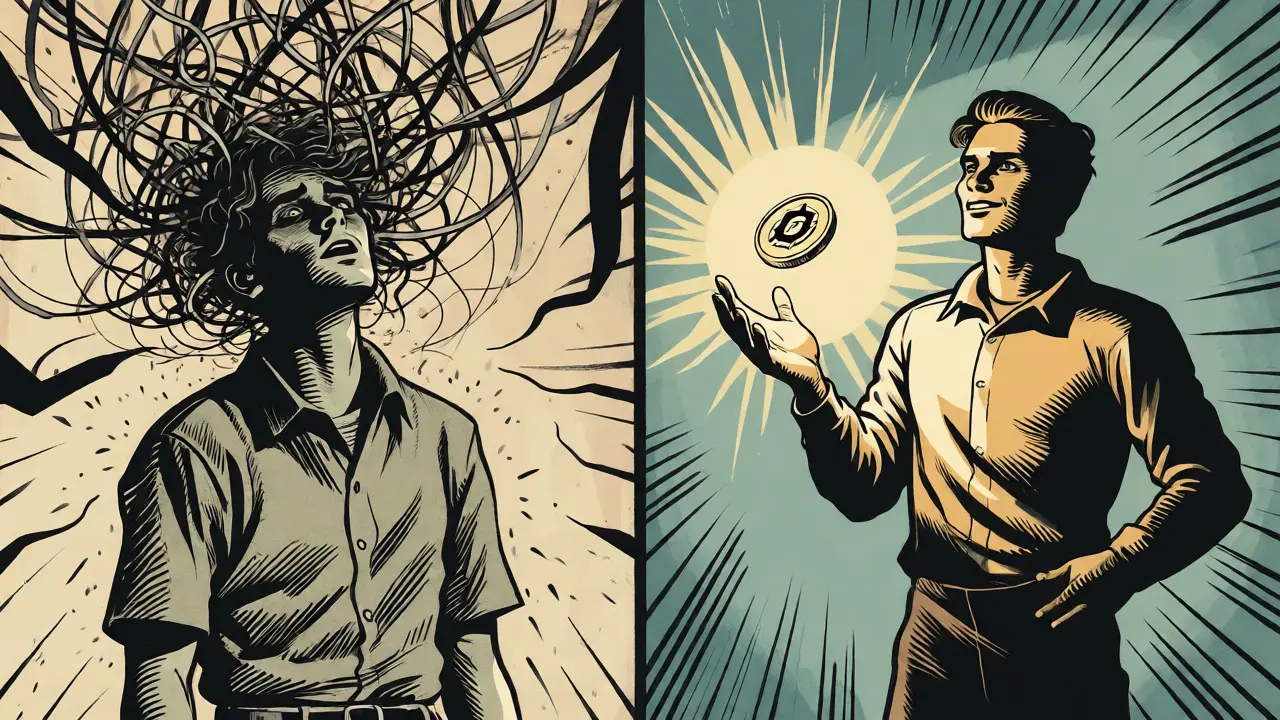 Comic panel contrasting complex crypto stress with easy token claim