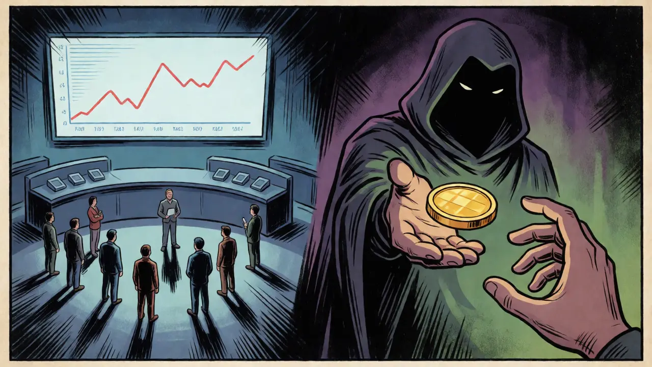 Comic panel contrasting empty markets with a hidden scammer offering tokens.