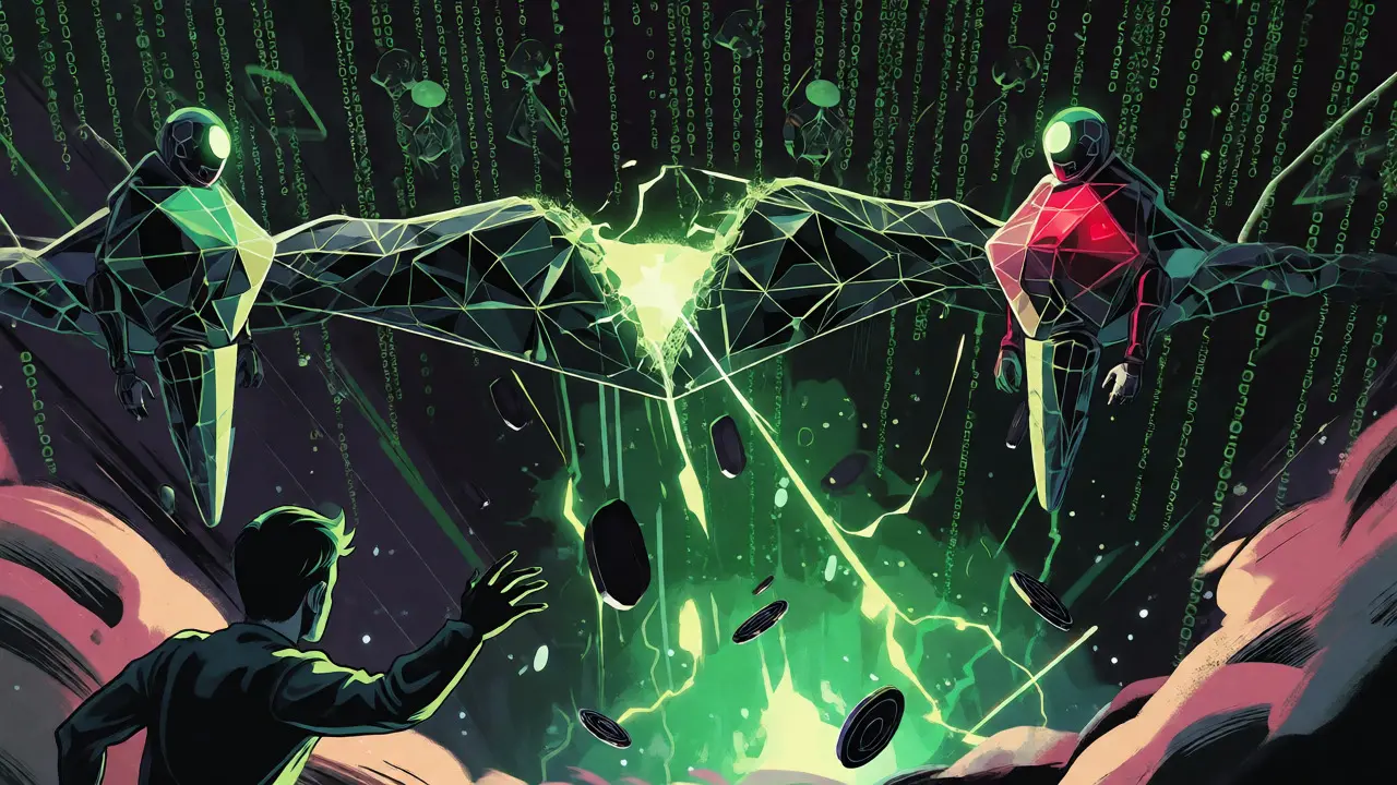Comic scene of a digital bridge cracking and leaking tokens during a decentralized protocol failure.