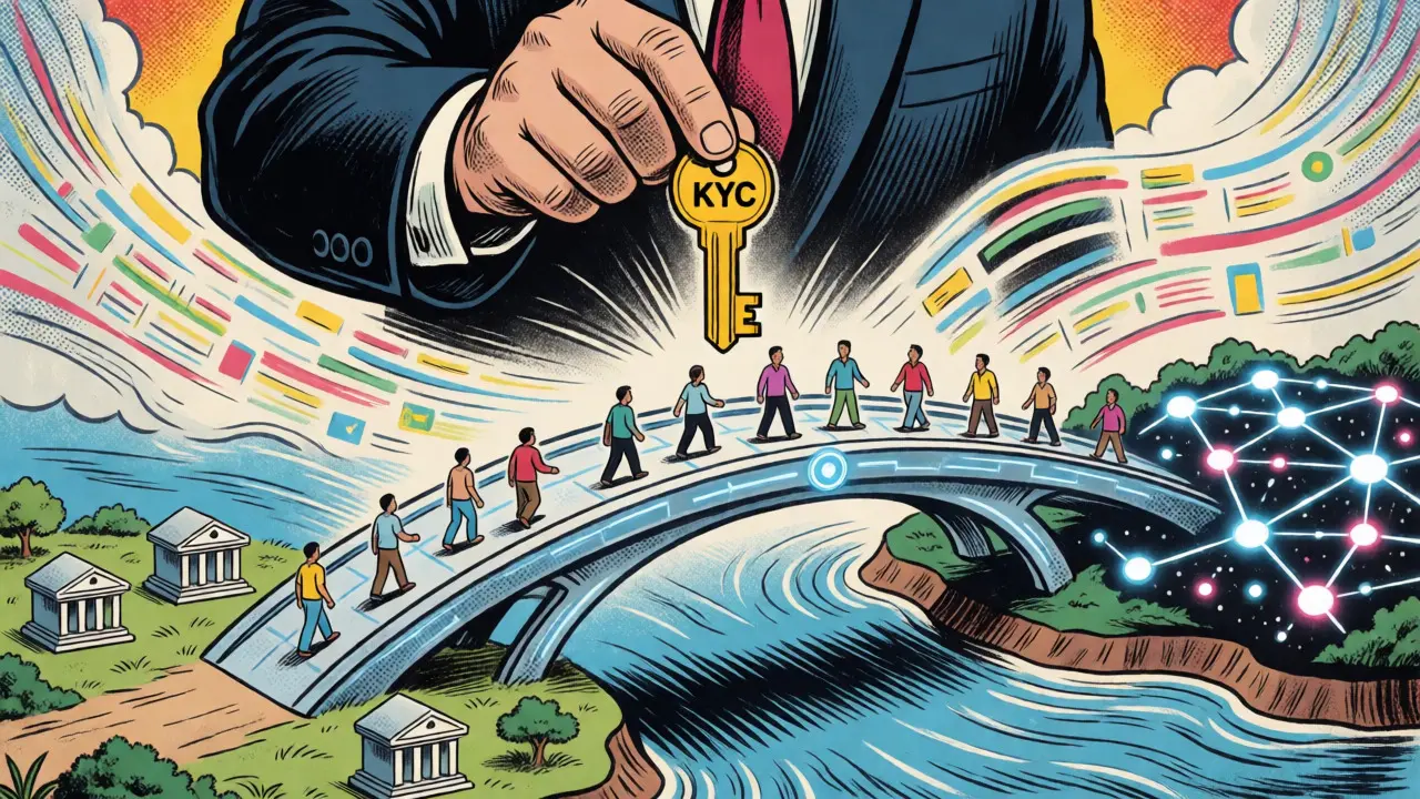 Comic-style blockchain bridge connecting banks and DeFi with KYC check