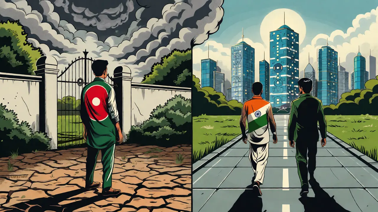 Comic style contrast between isolated Bangladesh and open neighbor economies