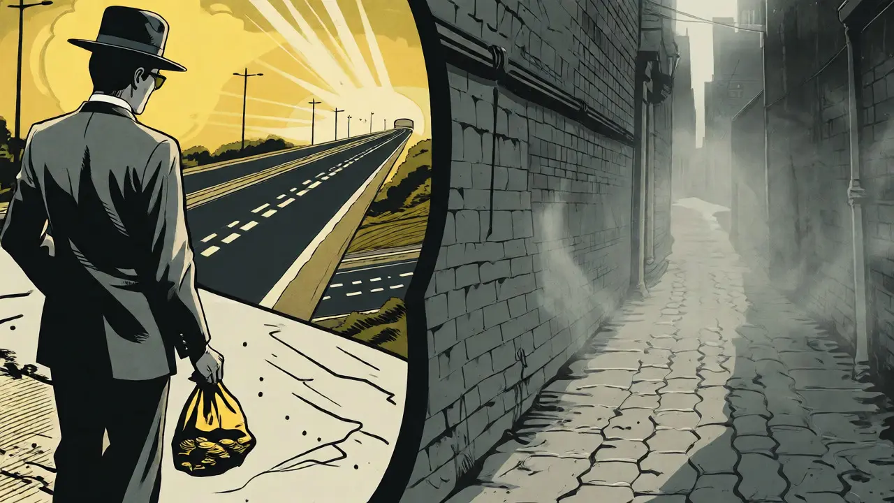 Comic style image of an investor hesitating at a fork between a clear road and a foggy path.