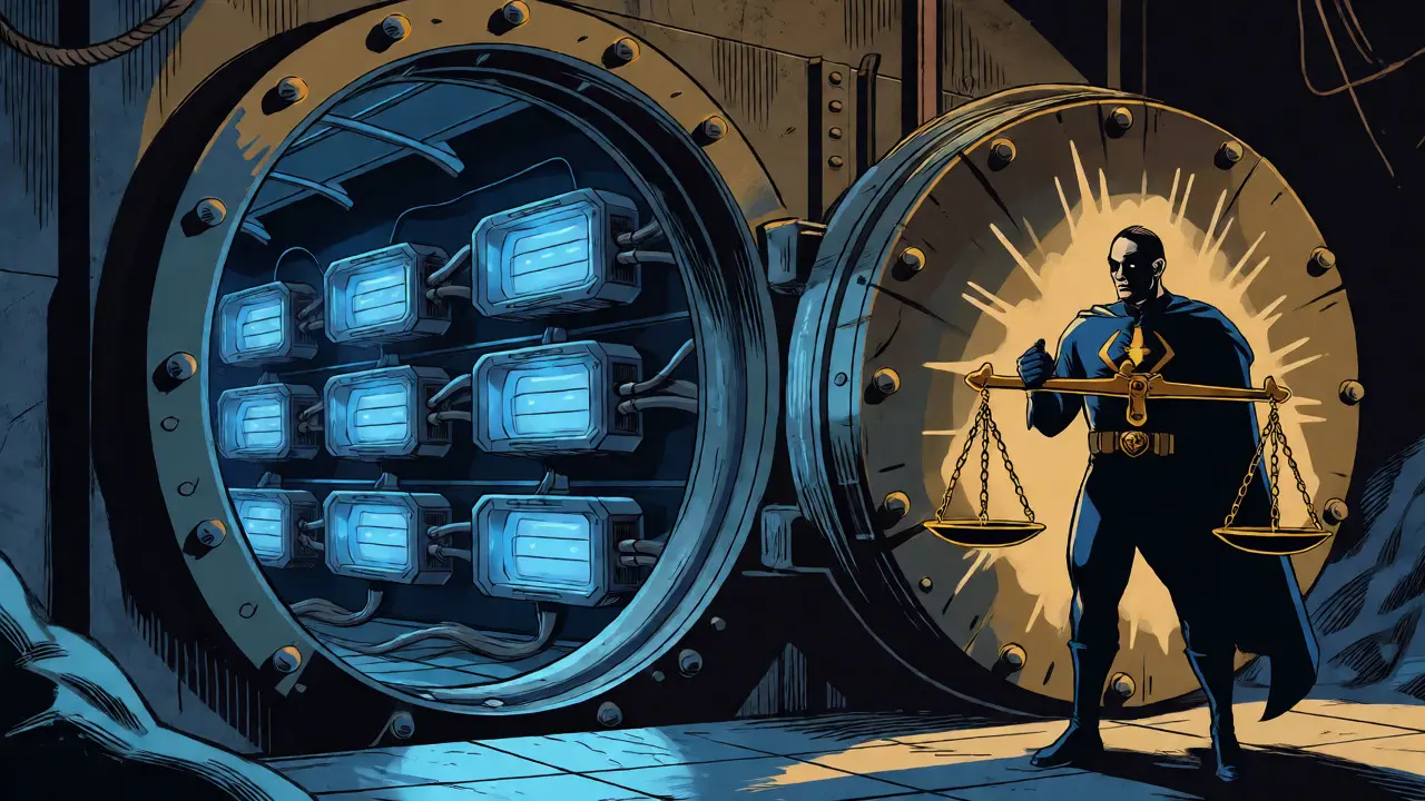 Comic-style vault scene showing secure offline crypto custody and asset segregation guards.