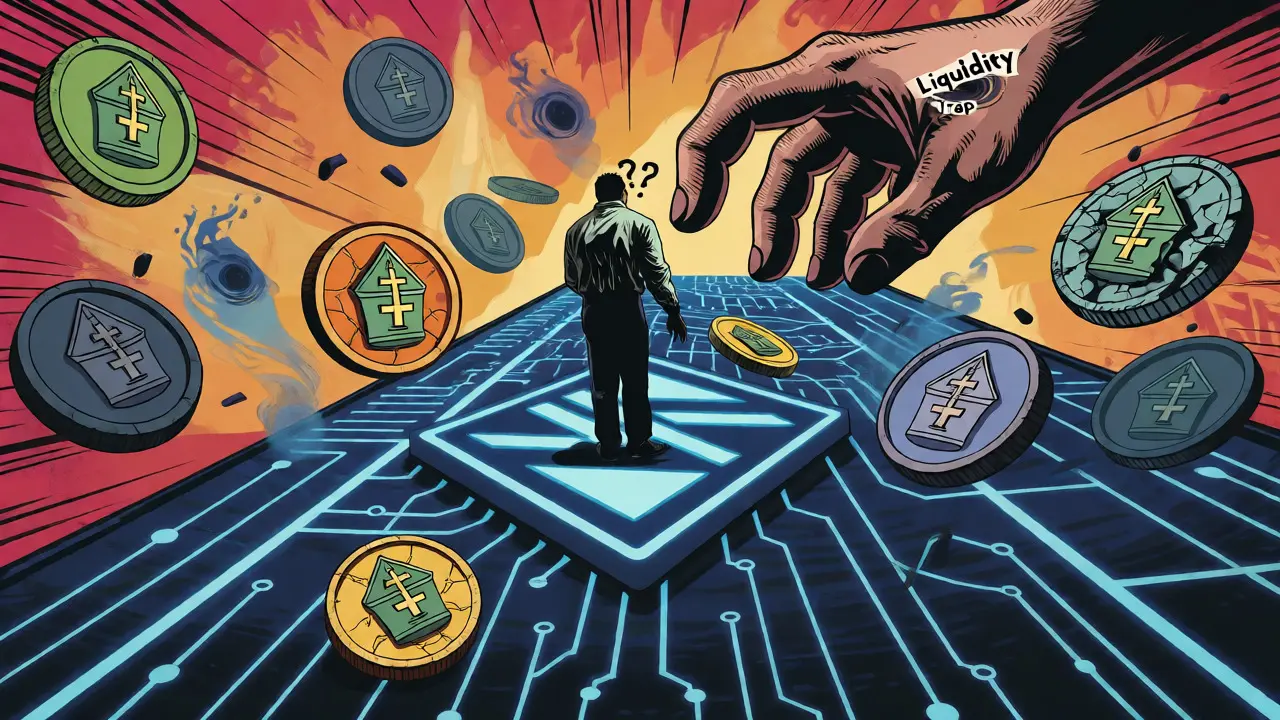 Confused investor surrounded by crumbling Pope-themed coins on Solana