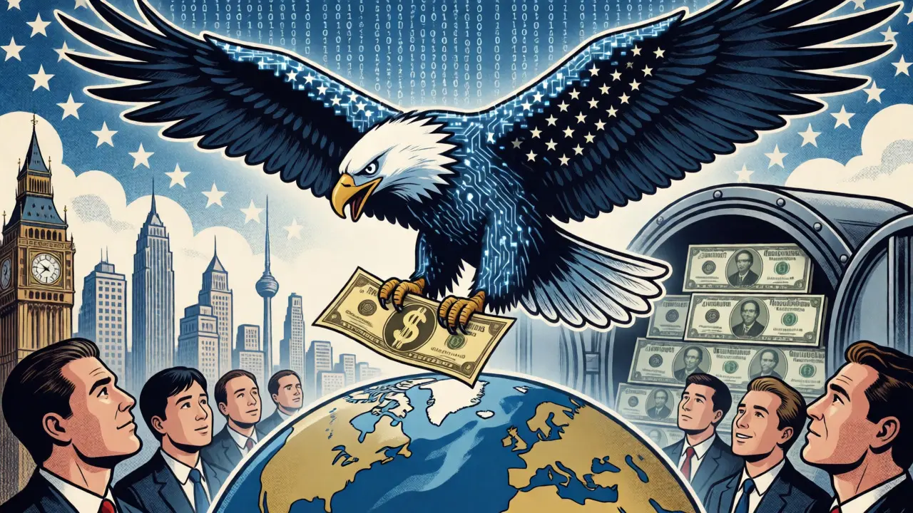 Digital eagle carrying dollar bill dominates global map, symbolizing USD stability.