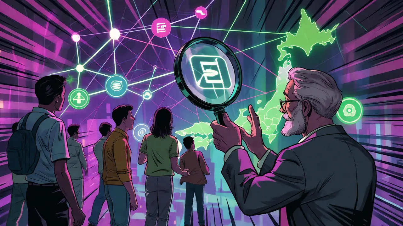 Dynamic comic illustration of users navigating DeFi protocols with regulatory guidance.