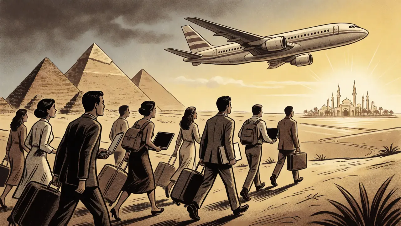 Egyptian tech entrepreneurs walking away from the Pyramids toward a plane headed for Dubai in retro comic style.