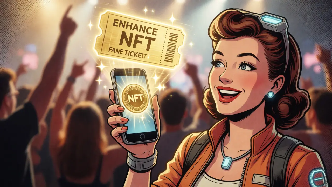 Fan holding a phone displaying a glowing holographic NFT ticket as a collectible.
