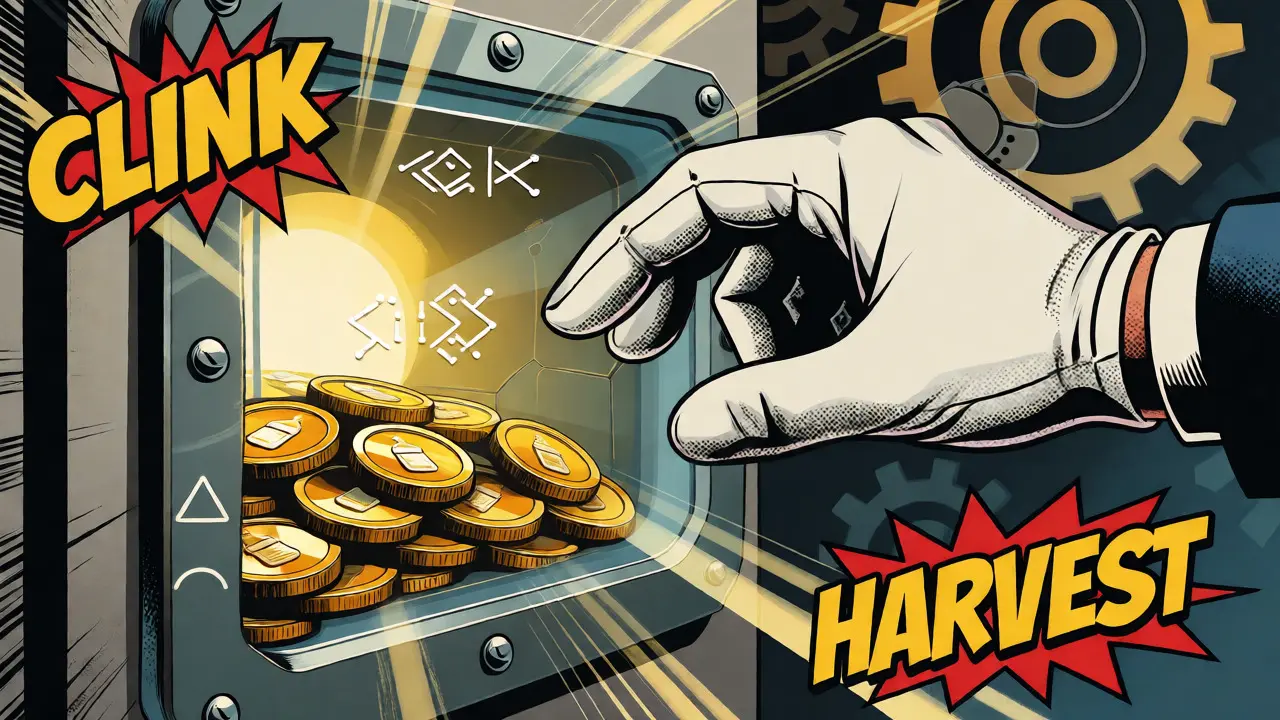 Hand harvesting golden baby-bottle tokens from a glowing smart contract vault.