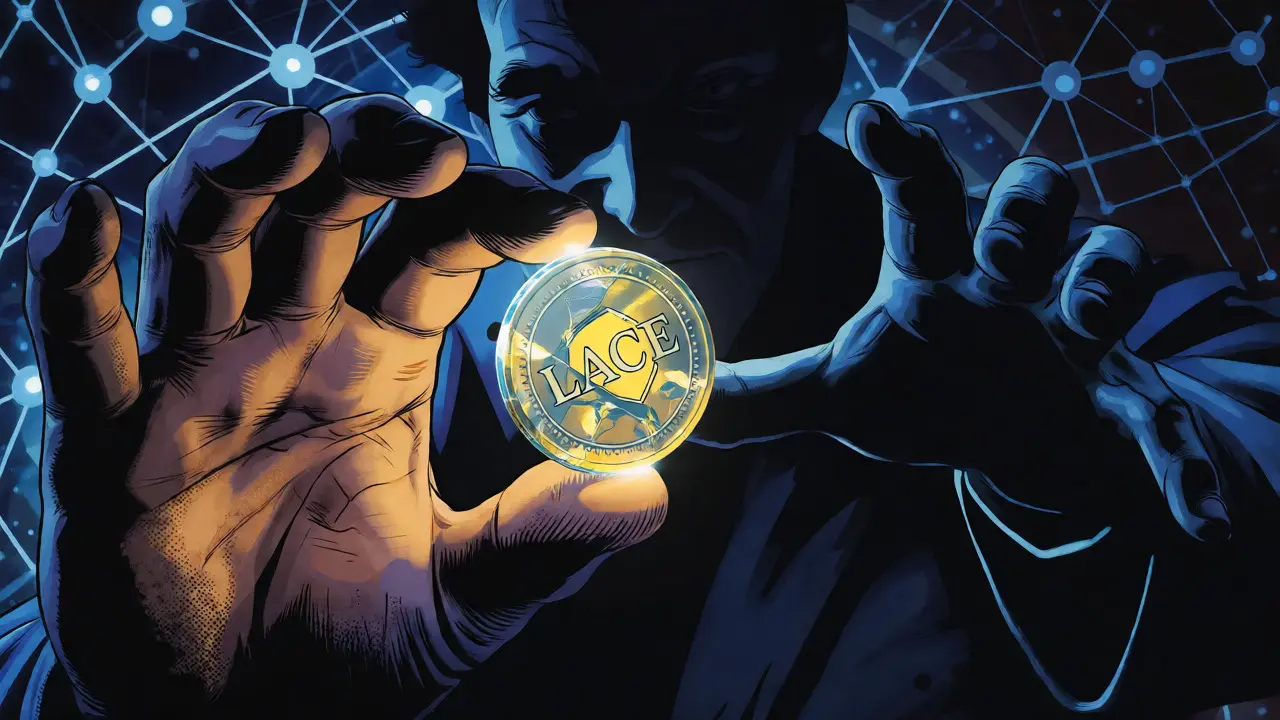 Hand holding fragile LACE token with shadowy scammer looming behind
