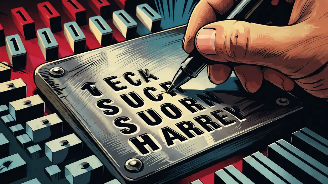 Hand stamping twelve words onto a durable metal backup plate in comic art style.