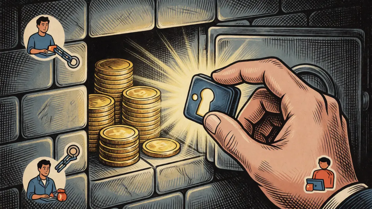 Hand unlocking a blockchain vault filled with staking rewards and new project tokens.