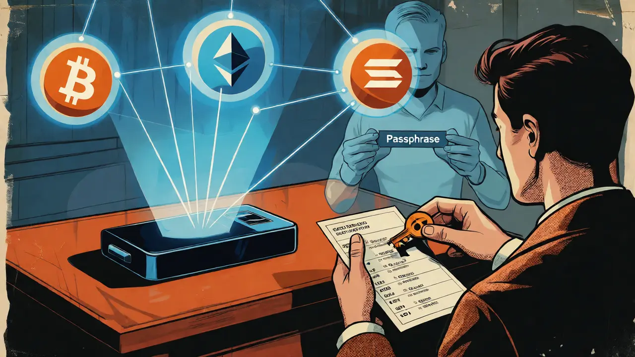 Hardware wallet connecting to multiple blockchains with a hidden passphrase layer.