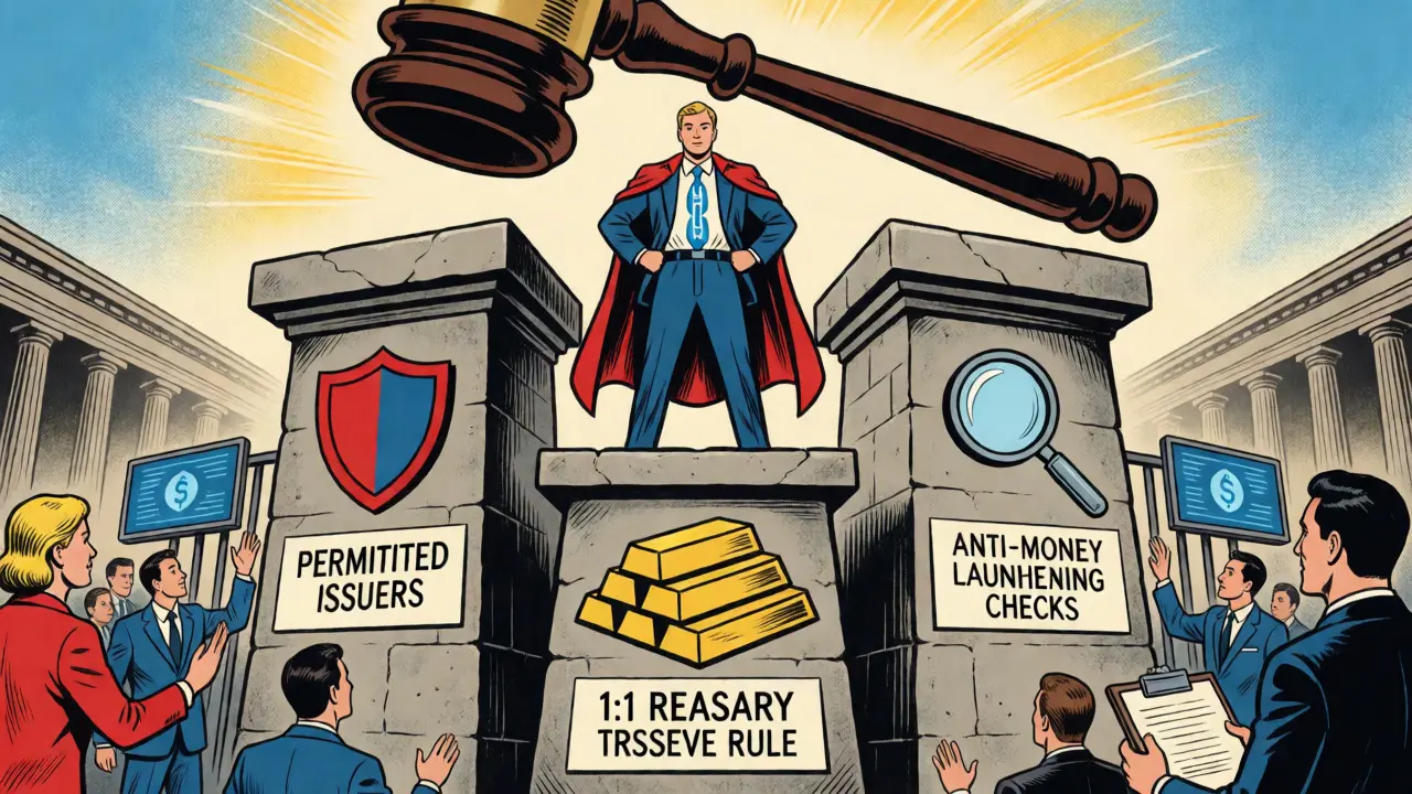 Heroic bank figure stands on three pillars representing GENIUS Act compliance requirements.
