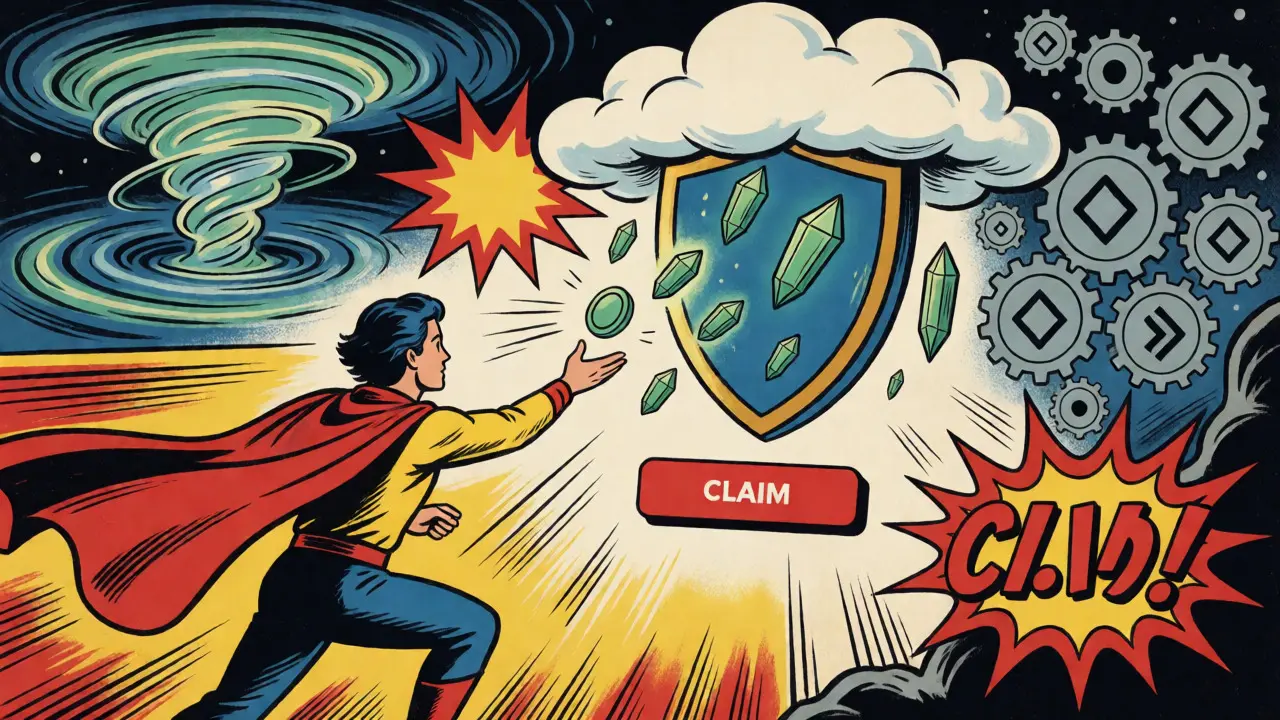 Heroic figure catching glowing tokens from a shield-shaped cloud at the Maiar Exchange.