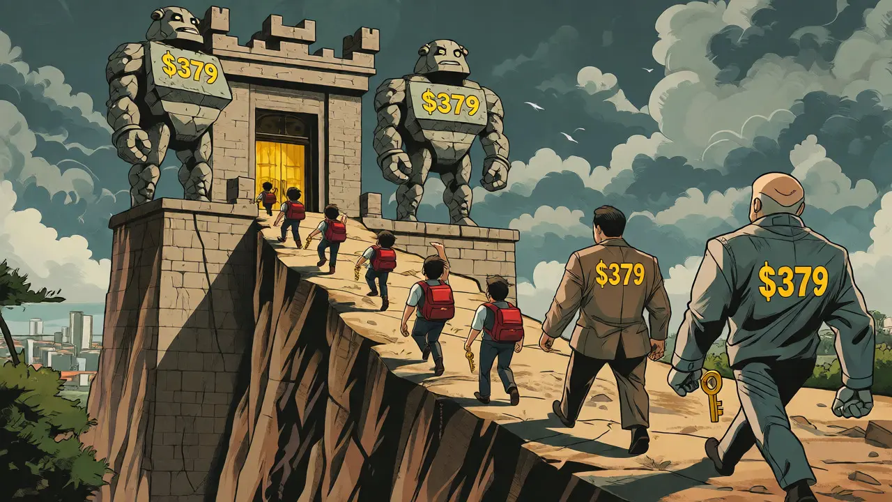 Illustration of wealthy corporations entering a crypto fortress while startups struggle