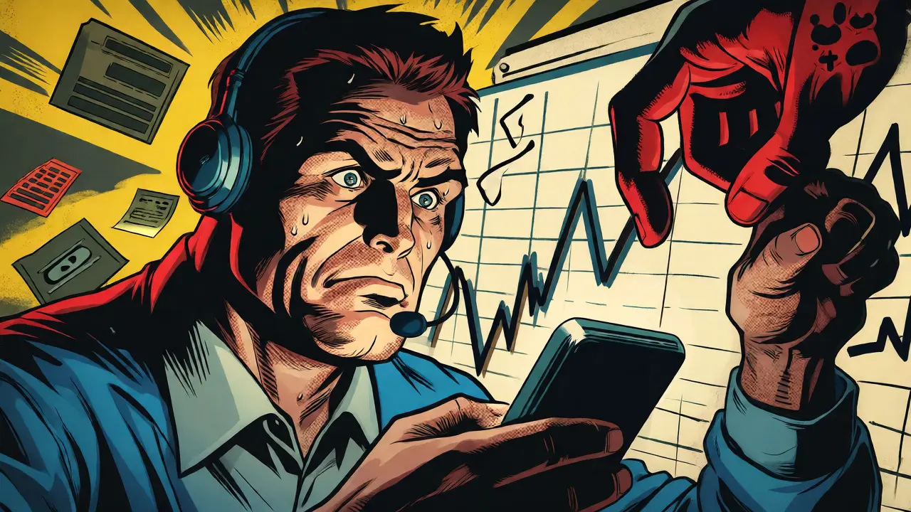 Intense trader watching volatile chart with looming risk hand