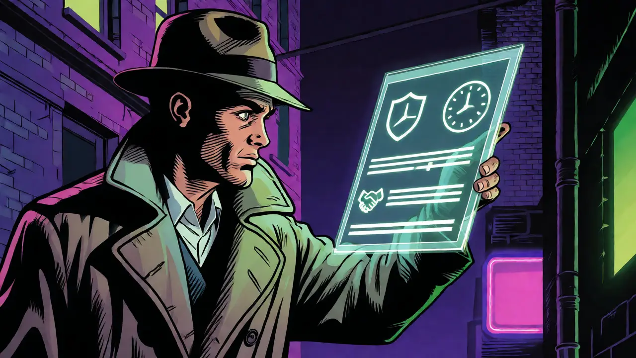 Noir-style comic illustration of a detective verifying holographic eligibility criteria for an airdrop.