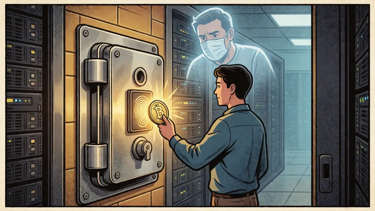 Placing a Bitcoin into a secure vault while a masked scammer watches helplessly in comic style.