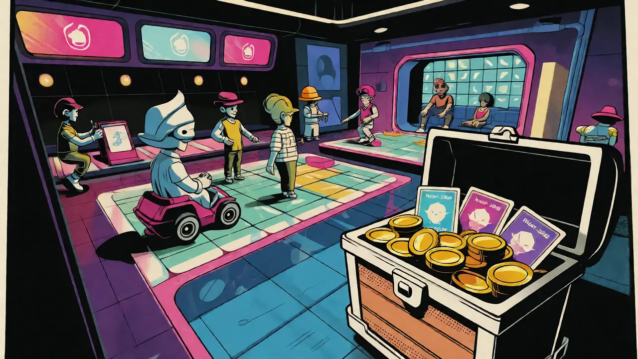 Retro video game hub with avatars playing and reward treasures