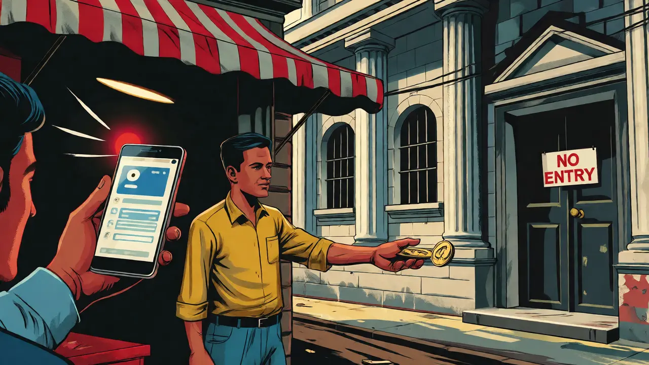 Secret crypto trade happening outside a barred bank in a comic book scene