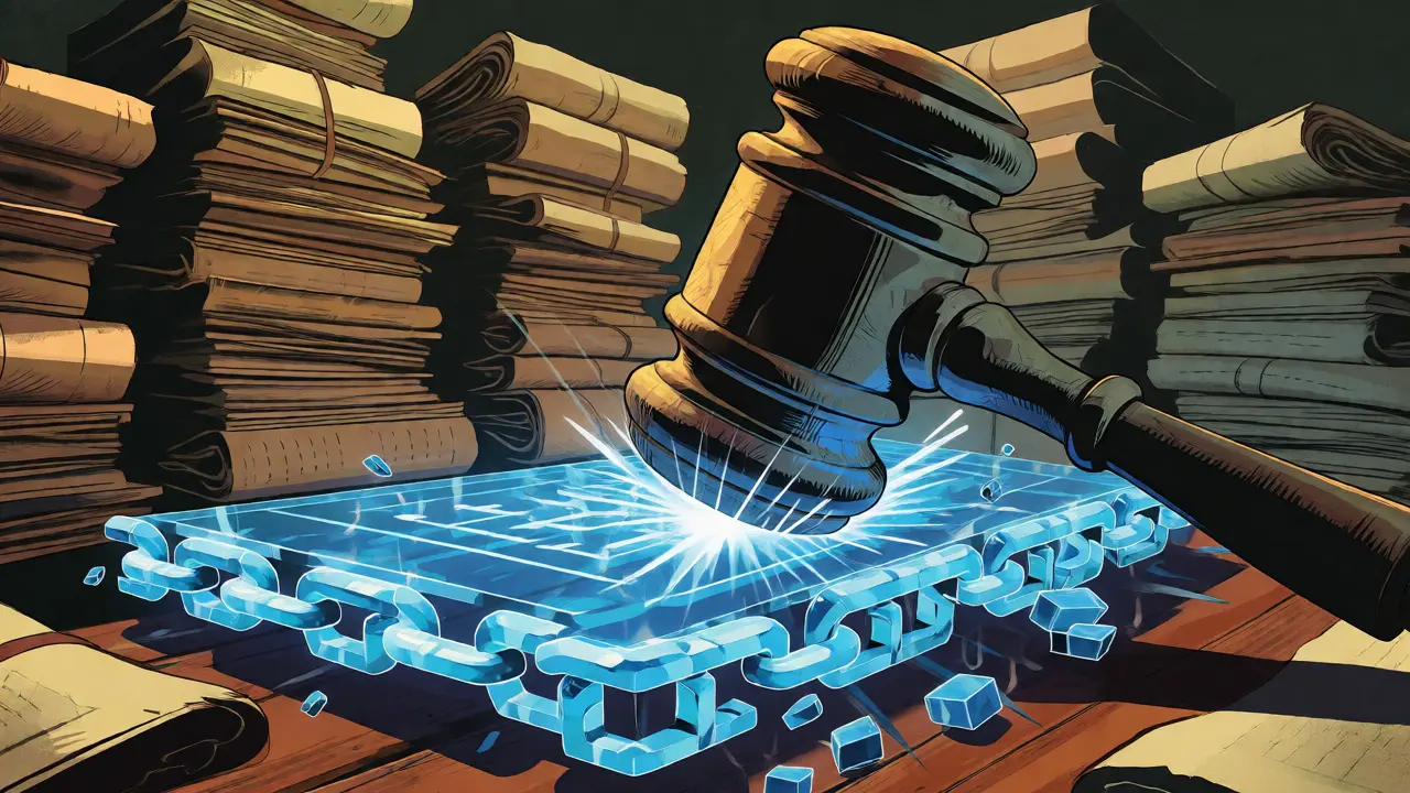 Stone gavel smashing a glowing blue blockchain ledger amidst legal scrolls
