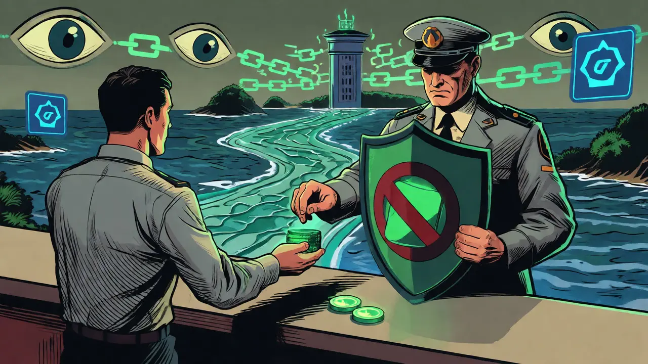 Trader blocked from using stablecoins as liquidity flows offshore in comic style