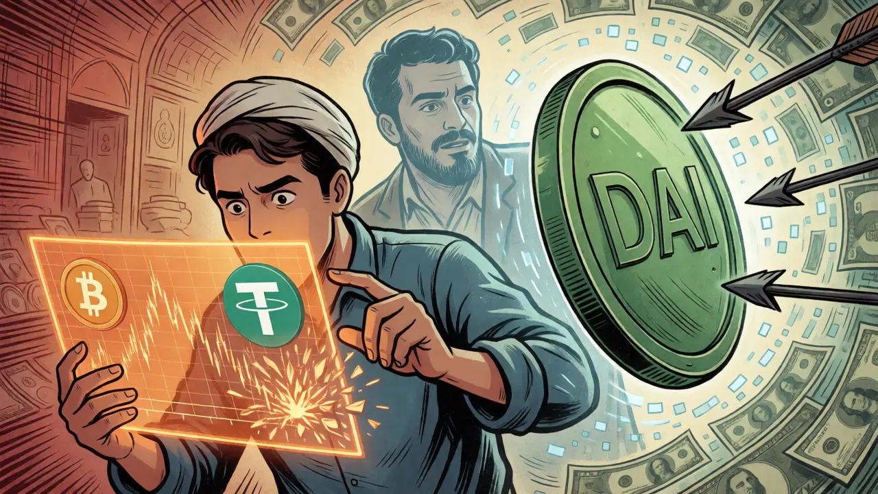 Trader protected by DAI shield against sanctions in comic art
