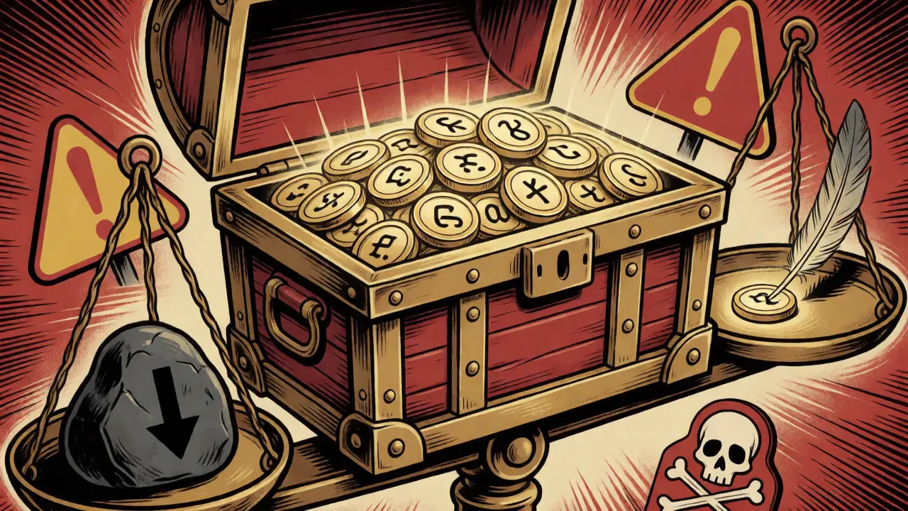 Treasure chest of tokens balancing against heavy market risk stones