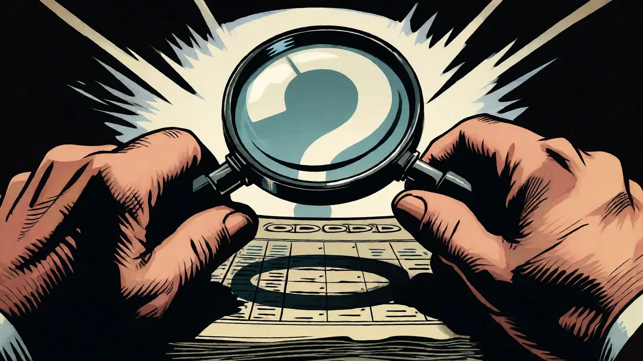 Vintage comic art of a trader inspecting security seals with a magnifying glass.