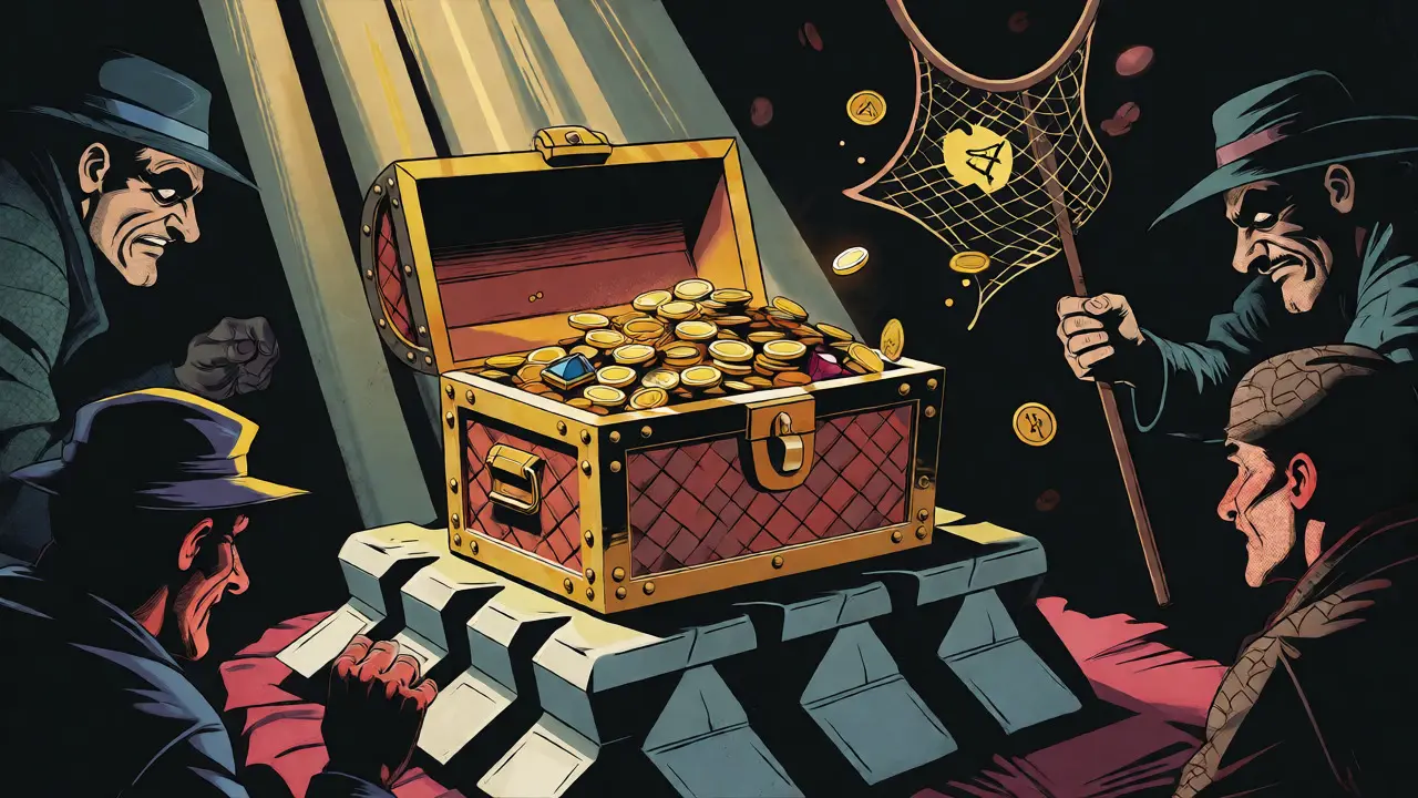 Vintage comic scene of a treasure chest guarded against shadowy scammer figures on a blockchain pedestal.