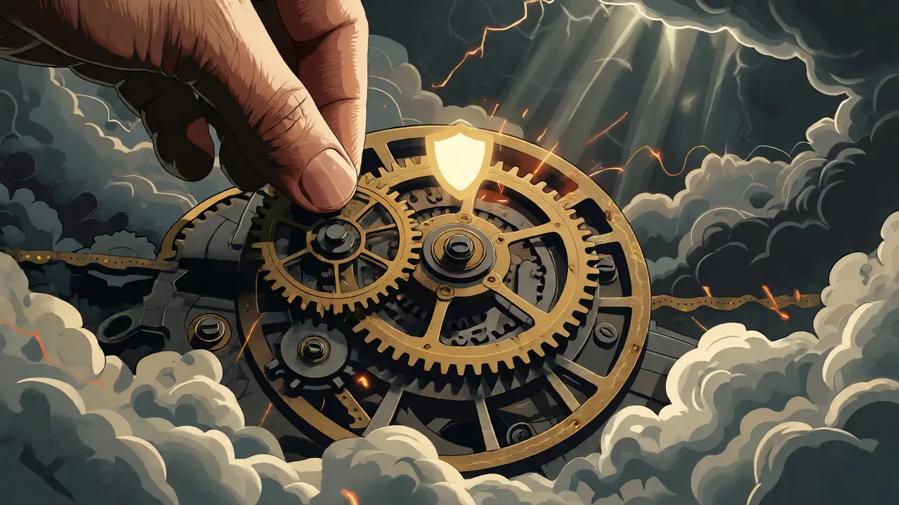 Hand placing gear in clockwork with protective shield