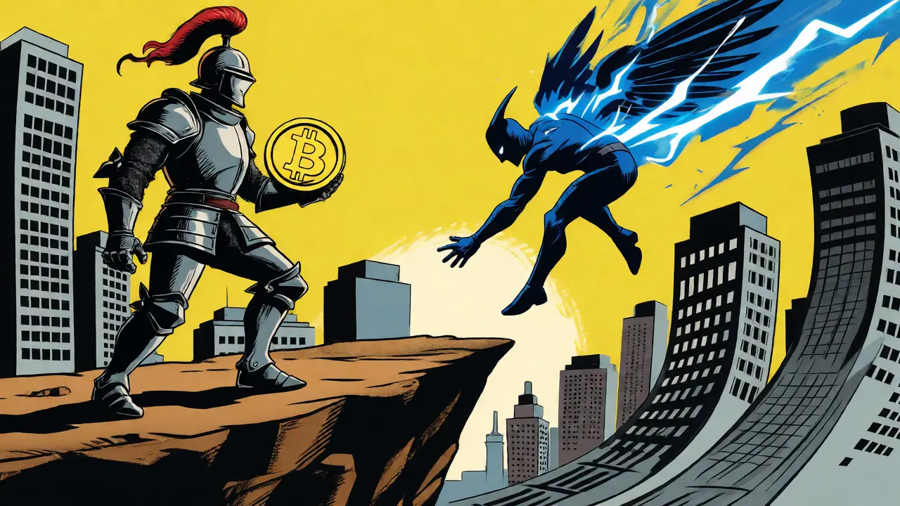 Knight vs lightning figure battling on cliff edge